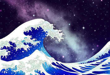浮世絵の大波と銀河の背景イラスト