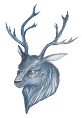 Watercolor drawing of a head with antlers of a christmas deer, in gray blue tones, isolated on a white background