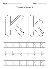 Learning English alphabet for kids. How to write letter K.