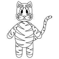 Tiger. Sketch. Tabby kitten. Symbol of the year. Vector illustration. Coloring book for children. Fairytale character with tail and mustache. Outline on an isolated white background. Doodle style. 