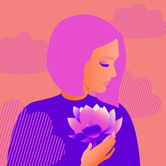 Peace of mind and female mental health concept. A stylish woman with pink hair in a purple dress holds a lotus flower in her hand. Vector.