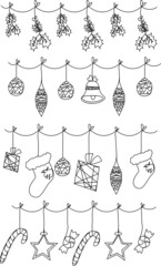 A set of Christmas garlands with stars, sweets, sweets, mistletoe, stockings, balloons, stars. Vector illustration of line art. New Year's illustration one line design element.