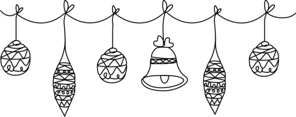A set of Christmas garlands with balloons, decorations for the Christmas tree and a bell. Vector illustration of line art. New Year's illustration one line design element.