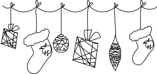 Christmas garland with stockings, gifts and Christmas balls. Vector illustration of line art. New Year's illustration one line design element.