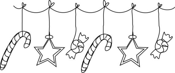 Christmas garland with stars, sweets and sweets. Vector illustration of line art. New Year's illustration one line design element.
