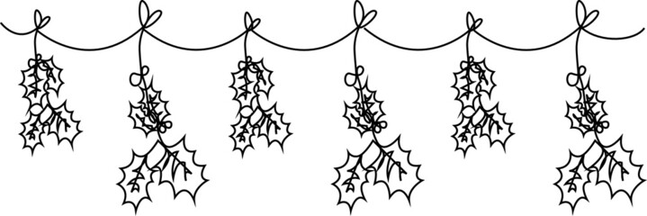 Christmas garland with branches and mistletoe berries. Vector illustration of line art. New Year's illustration one line design element.