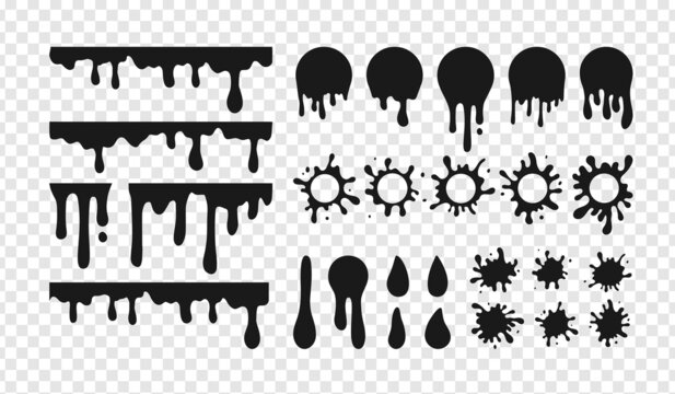 Vector Paint blob set. Black liquid splash, round ink splatter, dripping paint collection. Paint flows circle stickers, abstract stains badges and drops design elements on transparent background