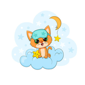Cute cartoon kitten on a cloud with moon and stars