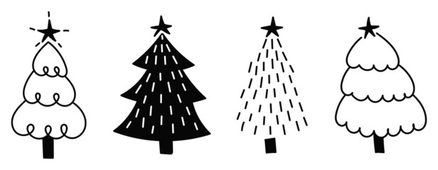 Set doodle trees. Silhouettes, contours, outline. Holiday, new year, christmas. Isolated on white background. 