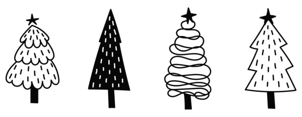 Set doodle trees. Silhouettes, contours, outline. Holiday, new year, christmas. Isolated on white background. 