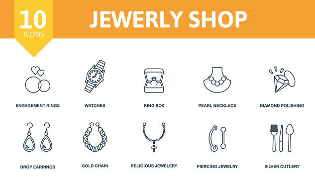 Jewerly Shop Icon Set. Collection Of Simple Elements Such As The Engagement Rings, Watches, Ring Box, Pearl Necklace, Piercing Jewelery, Gold Chain, Silver Cutlery.