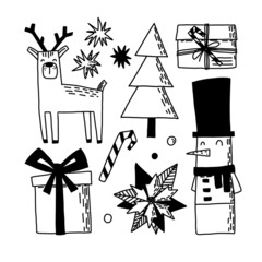 A set of cute Christmas illustrations in doodle style with a deer a Christmas tree and gifts
