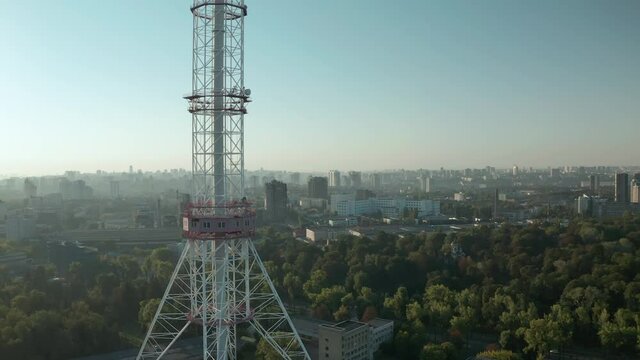 Telecommunication tower aerial view. Satellite antenna network. Mobile adios's telecom network. Wireless television technology. Digital electricity base