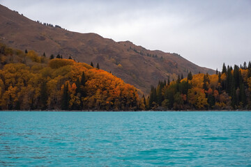 Zhasylkol lake in Dzungarian Alatau, Kazakhstan. Tourism, travel concept.