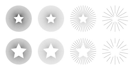 Set of Vintage Circle Sunbursts in Different Shapes with Stars. Trendy Hand Drawn Round Retro Bursting Rays Design Element. Hipster Vector illustrations