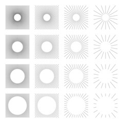 Set of Vintage Square Sunbursts in Different Shapes. Trendy Hand Drawn Retro Bursting Rays Design Element. Hipster Vector illustrations