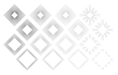 Set of Vintage Rhomb Sunbursts in Different Shapes. Trendy Hand Drawn Square Retro Bursting Rays Design Element. Hipster Vector illustrations