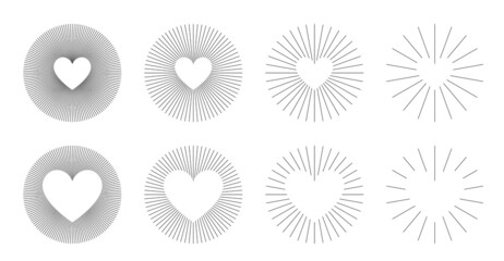 Set of Vintage Circle Sunbursts in Different Shapes with Hearts. Trendy Hand Drawn Round Retro Bursting Rays Design Element. Hipster Vector illustrations