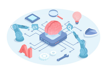 Digital brain, machine learning. Artificial intelligence technology and engineering. Programming and development. Vector illustration in 3d design. Isometric web banner.