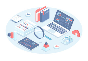 Audit research of business documents. Financial account analysis, data auditing. Analyzing report charts. Vector illustration in 3d design. Isometric web banner.