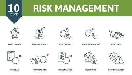 Risk Management icon set. Collection of simple elements such as the market trend, risk investment, risk capital, risk strategy, debt crisis, raining, risk identification.