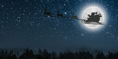 Fototapeta na wymiar silhouette of a flying goth santa claus against the background of the night sky. Elements of this image furnished by NASA