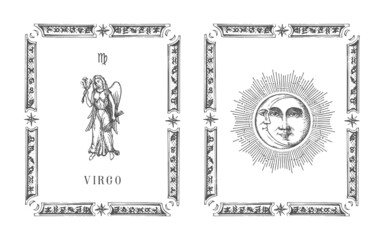 Virgo zodiac symbol in frame, drawn horoscope card