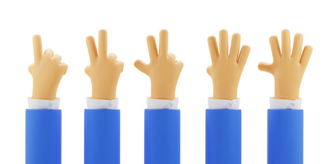 Obraz premium Cartoon character hand counting from one to five isolated on white background, set 3d render illustration. Business arms in blue jacket with raised fingers. Finger counter, gestures concept