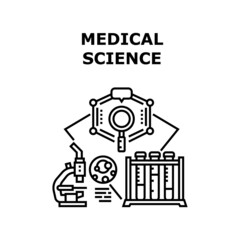 Medical Science Vector Icon Concept. Medical Science Equipment For Developing, Discovery Vaccine And Pharmaceutical Pills, Chemistry Experiment And Pharmacy Testing Black Illustration