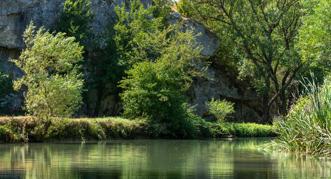 beautiful and calm river Zlatna Panega with many trees on the shore