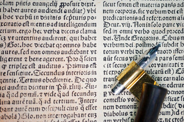Old fashion writing sample with different writing techniques, papers, styles and calligraphy nibs.