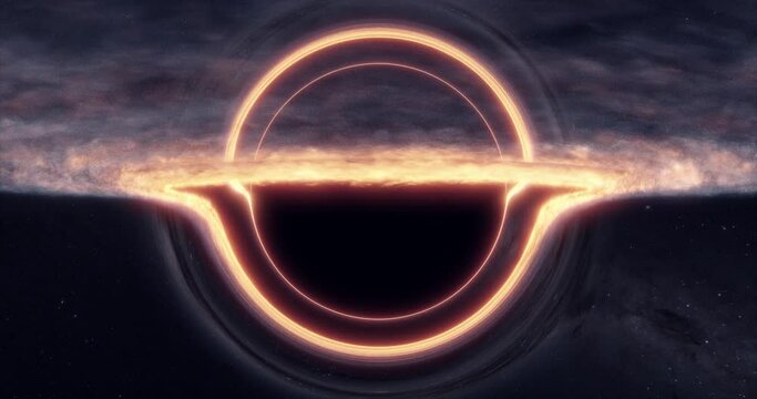 Black hole with lensing effect and accretion disk. Stars and galaxy background. Cinematic space rendering for science, technology and science fiction visualizations. High resolution 4k.	
