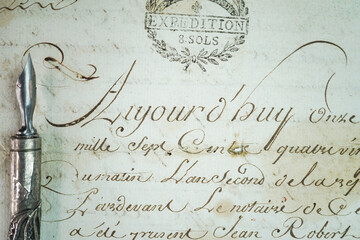 Close-up of a French Old fashion writing sample with steel nib