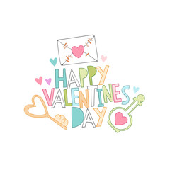 Happy Valentine's Day. Lettering art. Love message, golden key, love drink. Isolated vector object on white background. Valentine's day art. 