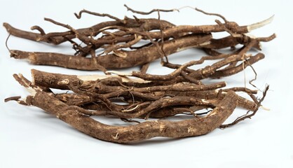 Roots of Siberian ginseng, Eleutherococcus senticosus, traditional herbal medicine.  Roots prepared...