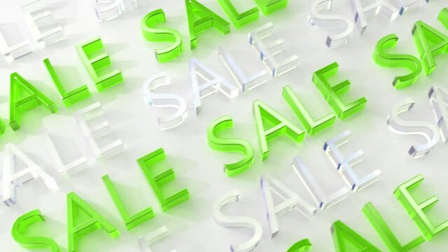 Sale 3D text in light green and transparent glass color on white surface. Nice Holiday Sale banner for discount. Seamless loop animation. Black Friday sale text. Christmas shop sales.