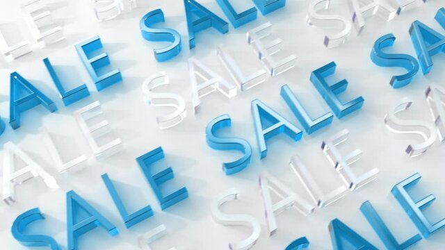 Sale 3D text in blue and transparent glass color on white surface. Nice Holiday Sale banner for discount. Seamless loop animation. Black Friday sale text. Christmas shop sales.