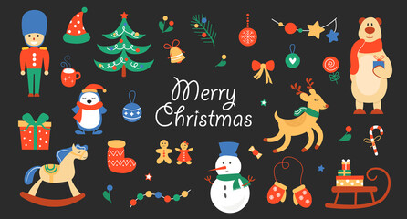 Set of New Year and Christmas characters and elements on a black background. Perfect for designs and stickers. Vector illustration.