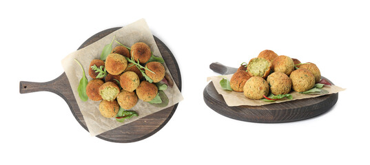Delicious deep fried falafel balls on white background, collage. Banner design
