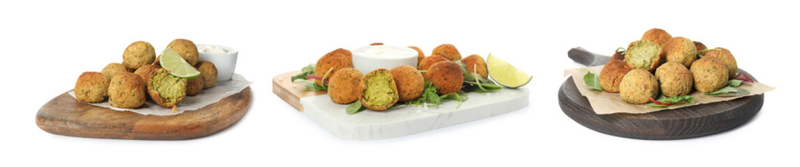 Set with delicious deep fried falafel balls on white background. Banner design