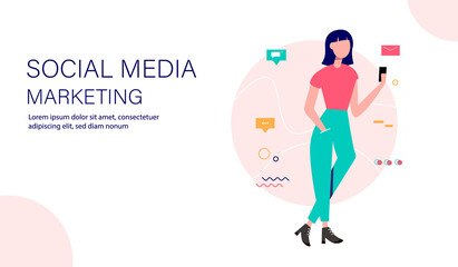 Social marketing landing page template. Woman with smartphone and social media icons. illustration.