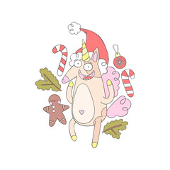 Christmas print. Unicorn, gingerbread man, fir twigs, lollipop, Christmas ball. Isolated vector objects on a white background. 