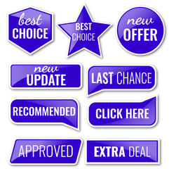 blue stickers. Paper sticker set, badges vector templates. Click here. Best choice. New update.  Extra deal. Approved. Last chance. New offer. Recommended. 