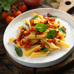 Traditional Italian pasta with tomatoes and basil