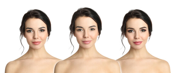 Beautiful young woman before and after permanent makeup on white background, collage. Banner design