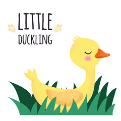 Yellow little duck. Sweet duckling in water. Cute vector illustration in simple hand-drawn cartoon style. Cute cartoon little goose. Gosling in the grass. Character bird with texture.