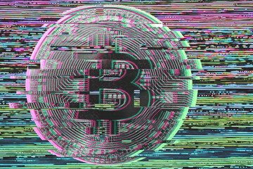 glitching bitcon on a glitch background, concept of risky or unsafe situation
