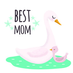 White and pink little gosling with his mom. Sweet gosling in the nest. Cute vector illustration in simple hand-drawn cartoon style. Cute cartoon little duck. Duckling with mom duck in the pond.