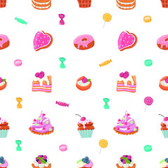 seamless patterns vector cakes and candies. Bright pattern of sweets for packaging paper and fabrics. Vector ornament for decoration of the holidays.