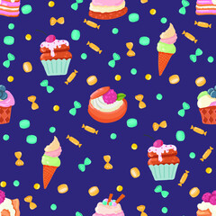 seamless patterns vector cakes and candies. Bright pattern of sweets for packaging paper and fabrics. Vector ornament for decoration of the holidays.